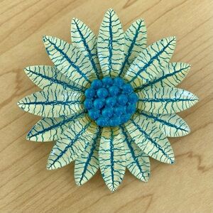 Vintage Enamel Teal Blue White Flower Floral Brooch Crackle Finish Bubble Center